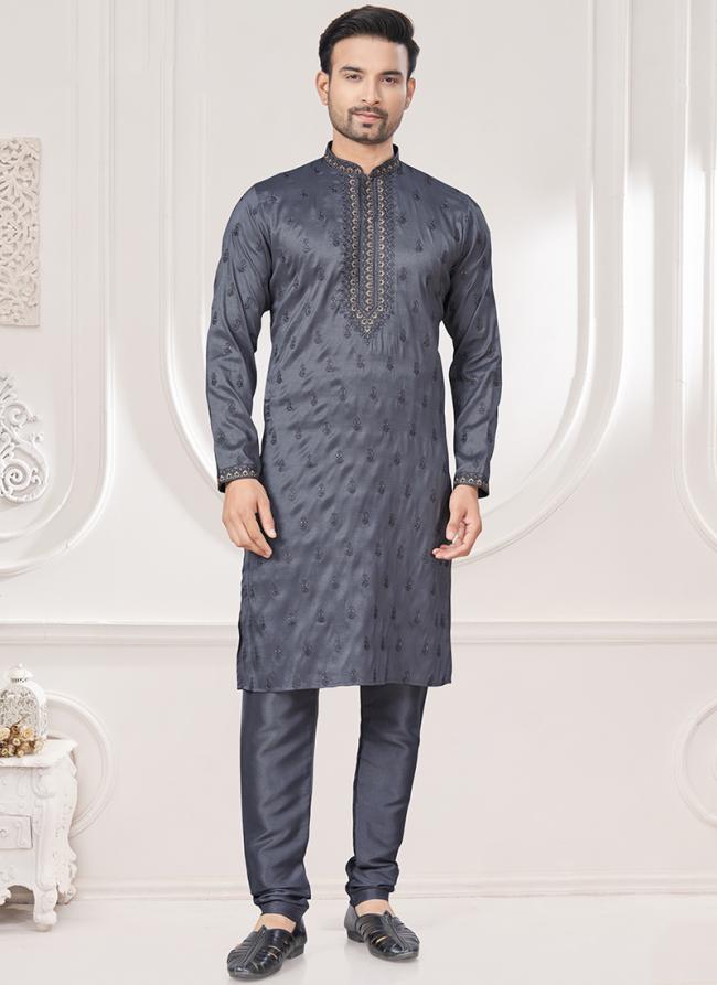 Pure Silk Grey Traditional Wear Embroidery Work Readymade Kurta Pajama